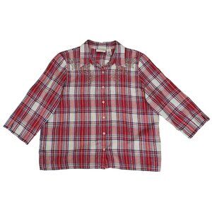 Alfred Dunner Red Plaid Rhinestone Accent Button Front 3/4 Sleeve Blouse Size 16
